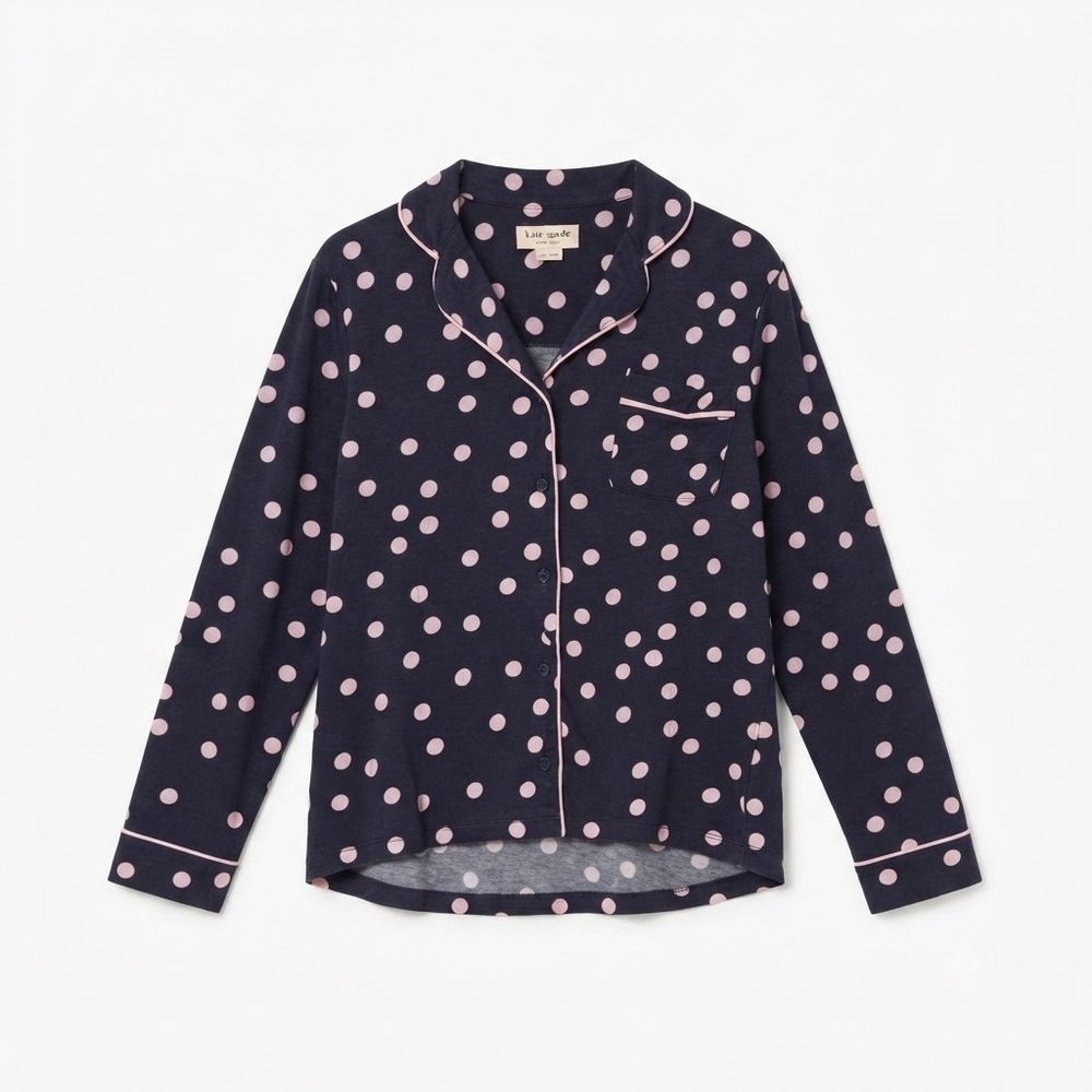 Kate Spade Navy Polka Dot PJ Top Cottagecore Cozy Sleepwear L - Picture 2 of 5